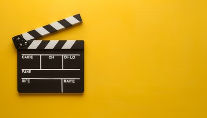 Naklejka premium black and white clapboard isolated on a yellow background, for video production Film and Media.