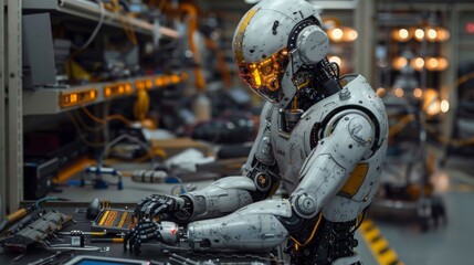 Futuristic robot mechanic working on electronic equipment in an industrial workshop setting, focusing on repairs and maintenance.