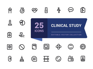 Clinical study and research line icon set. Collection and pack of linear web and ui icons. Editable stroke. Vector illustration.