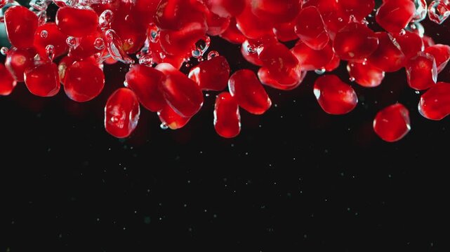 Fresh Pomegranate Pieces Falling into Water , Black Background . Super Slow Motion Filmed on High Speed Cinematic Camera at 1000 fps