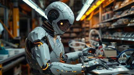 Fototapeta premium A futuristic robot mechanic working on electronics in a high-tech workshop, surrounded by tools and circuits.