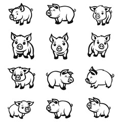 Pig doodle collection, Vector line art. © Meadow