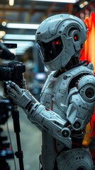 Fototapeta premium A humanoid robot operating a professional camera indoors in a futuristic setting