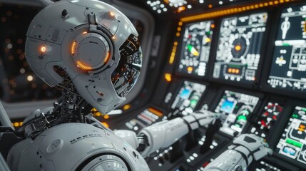 Fototapeta premium Robot pilot navigating complex control panel in aircraft cockpit filled with advanced electronic displays and controls.