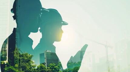 Two construction workers in silhouette, superimposed with a cityscape, looking towards the future.