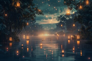 Fototapeta premium Mystical floating lanterns with dark waters, and a starlit sky. The serene river, perfect for a tranquil and enchanting scene