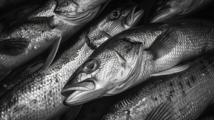 Obraz premium A black and white photograph of assorted fish, each with different patterns and scales, laying together in an artistic arrangement, symbolizing diversity and togetherness