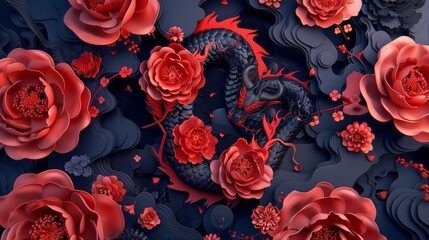 Detailed graphic design of a Lunar New Year-themed graphic design, featuring illustrations of zodiac animals, cherry blossoms, and firecrackers against a vibrant and dynamic background