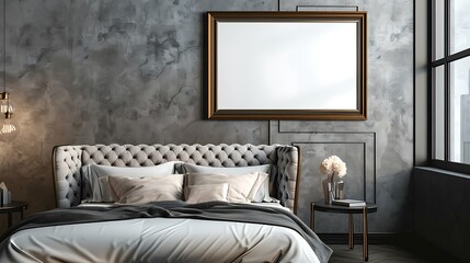 Contemporary bedroom with a plush bed and an empty white frame on the wall