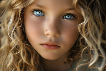 Naklejka premium Face of young girl child with long blond hair and blue eyes