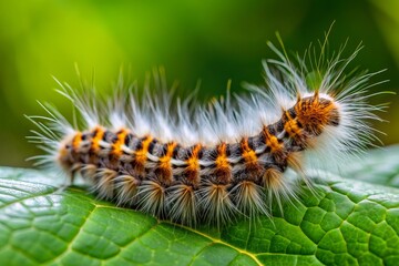 Fototapeta premium Macro shot of a fuzzy hairy oak eggar moth larva on a green leaf in Davos, Switzerland, showcasing its distinctive white stripes and brown body.