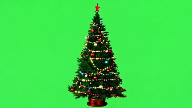 Christmas tree with decoration rotates on a green screen. Merry Christmas and a Happy New Year background animation. Festive and celebration
