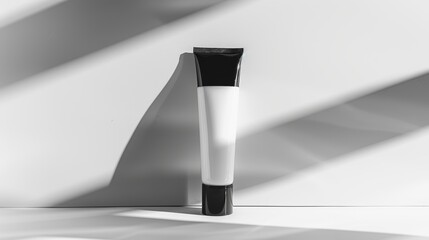 White cosmetic tube standing on white surface with shadows, minimalist beauty product mockup