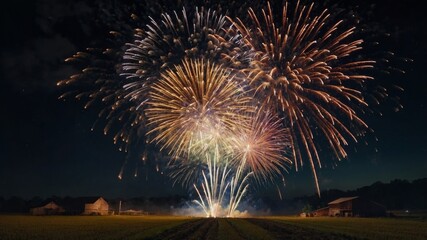 Fireworks at the Farm New Year celebration agriculture concept, Farm night fireworks celebration new year.