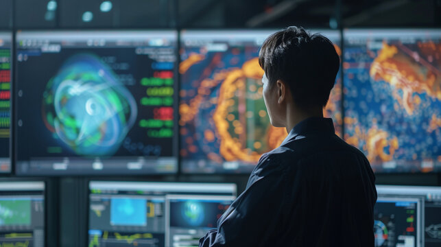 Modern studio with a meteorologist in professional clothing presenting a clear digital weather map with bright, high-quality graphics.
