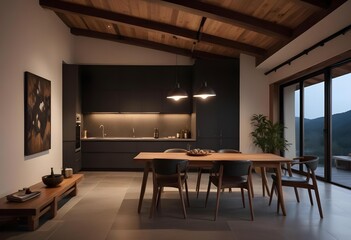 Dark late evening scene, wooden japandi kitchen, dining and living room with resin floor and beams ceilings. Sofa and table with chairs. Minimalist interior design