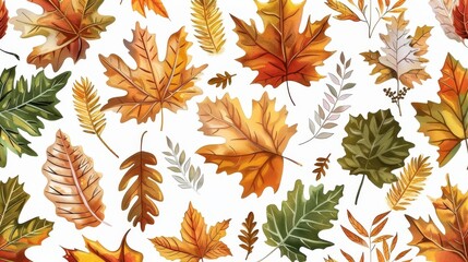 Various types of leaves appear throughout the pattern, which is lush, natural, tropical, botanical, foliage, greenery, organic, repetitive, and lush