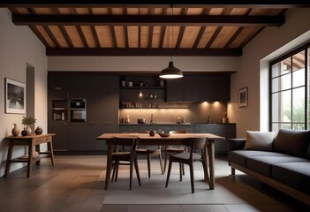 Fototapeta premium Dark late evening scene, wooden japandi kitchen, dining and living room with resin floor and beams ceilings. Sofa and table with chairs. Minimalist interior design