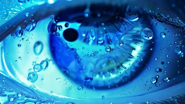 A captivating close-up showcases a vibrant eye surrounded by droplets of water, reflecting intriguing light and color variations