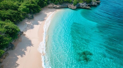 tropical paradise, a remote beach with clear waters and sandy shores, perfect for relaxation and soaking up the sun in pure tranquility