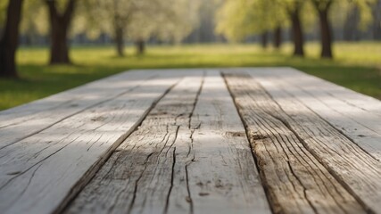 empty white wooden linden table with blurred spring background.