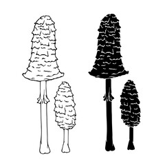 Line sketch, silhouette stamp of forest mushrooms toadstools. Vector graphics.