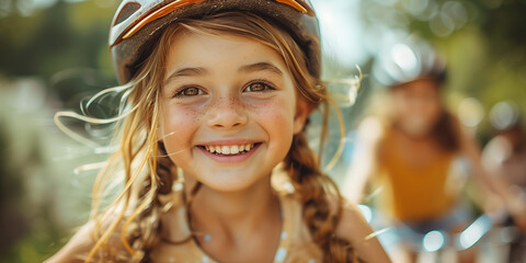 Fototapeta premium Portrait of a little cyclist in a helmet