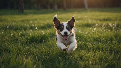 Spring, summer concept, playful happy pet dog puppy running in the grass and listening with funny ears.