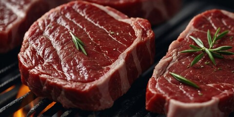 Fototapeta premium Fresh Red meat on Pieces of Raw beef steak on a grill.