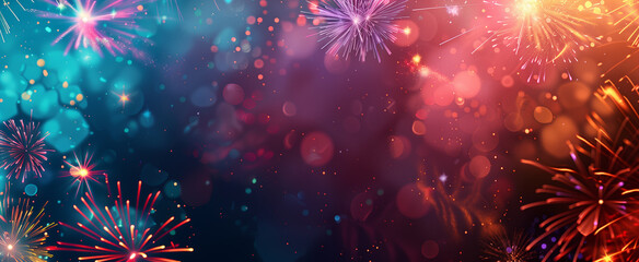 Fototapeta premium A background of colorful fireworks, sparkling lights and bokeh effects. The dark background features vibrant colors and sparkles, New Year's celebration template with copy space.