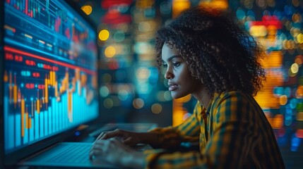 Focused Woman Analyzing Data On Computer Display During Nighttime City View. Generative AI