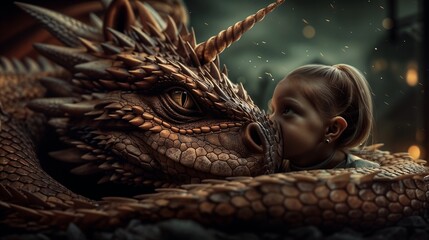 Young Girl Embracing Majestic Dragon in Fantasy Setting at Dusk