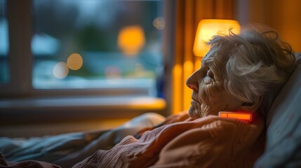 Elderly person using an actigraphy device for sleep test and motion tracking