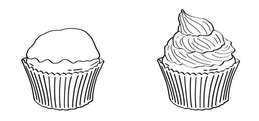 Cartoon muffin and cupcake. Pastry shop logo. Sweet fluffy muffins or cupcakes. tasty cup cake with cream or chocolate. Birthday cake and frosting. Party food. Bakery tools