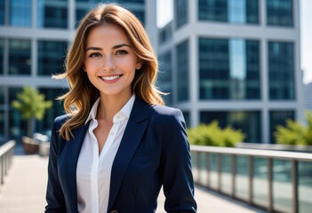 A beautiful businesswoman, impeccably dressed in a navy blue blazer and white blouse
