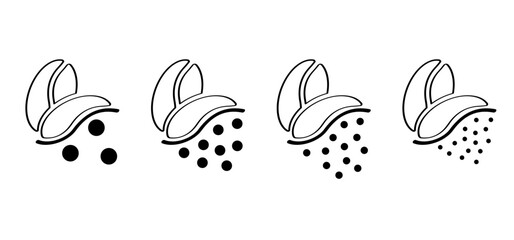 Cartoon roasted coffee beans pictogram. Coffee bean grind, size chart grains. For mug or cup. For coffee percolator. Coarse, medium or fine progress bar, loading. Manual coffee grinder.