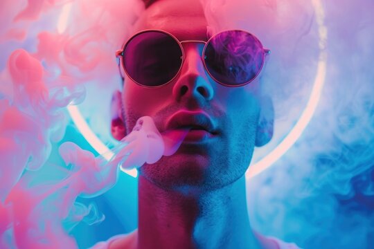 Man in sunglasses with smoke vipe on pink neon background decoration scene
