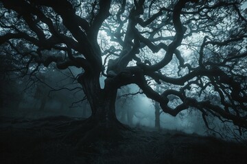 A black forest with a giant oak tree with curved branches, mysterious fog in the background in a dim eerie style 