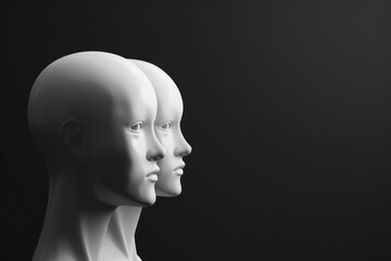 mannequin heads isolated on dark black background, Blank White Head plastic human faceless dummy figure fade