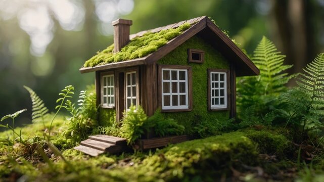 Green and environmentally friendly housing concept Miniature wooden house in spring grass, moss and ferns on a sunny day Eco house, Eco friendly home design template with copy space.