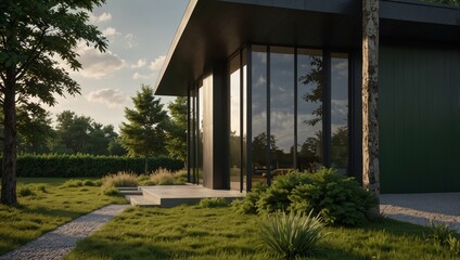 Fototapeta premium Green home exterior with renewable and clean nature resources outline concept.