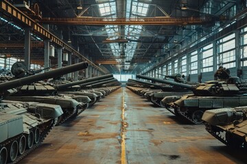 Obraz premium military tanks in hangars, supply of heavy attack weapons