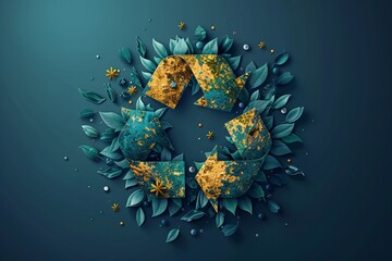 Earth with ecofriendly symbols minimal icon flat blue background digital space for text