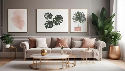 Luxury Livingroom house or apartment interior design, mock up room design, plants, and elegant personal accessories. Couch and table furniture with poster art and room accessories home decor