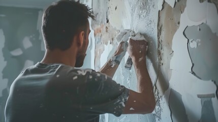 Skilled Handyman Patching Wall with Plaster for Home Renovation Project
