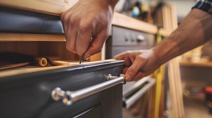 Hands Tightening Screws on Kitchen Cabinet for Home Improvement Project
