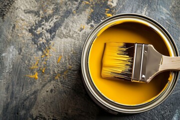 Paintbrush dipped in yellow paint, inside open can, on textured surface, DIY renovation project concept