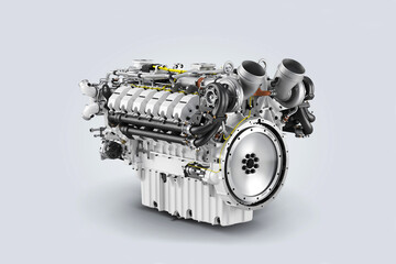 Diesel engine isolated on white background. Modern powerful engine design.
