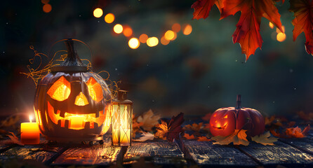 Fototapeta premium Halloween pumpkin with lantern on wooden
