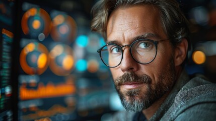 Professional Man Analyzing Data Trends in a High-Tech Office Environment During Late Afternoon. Generative AI